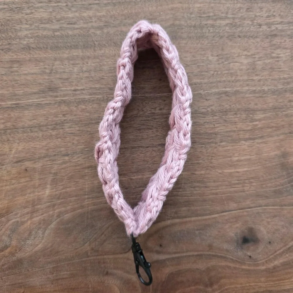 Handmade Dusty Pink Crochet Wristlet Keychain Floral Puff Cotton Key Fob Black